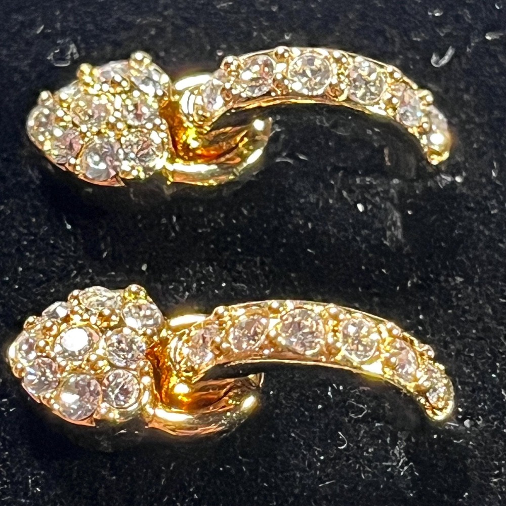 Vintage Swarovski Signed Gold Heart Curved Pave Crystal Statement Earrings